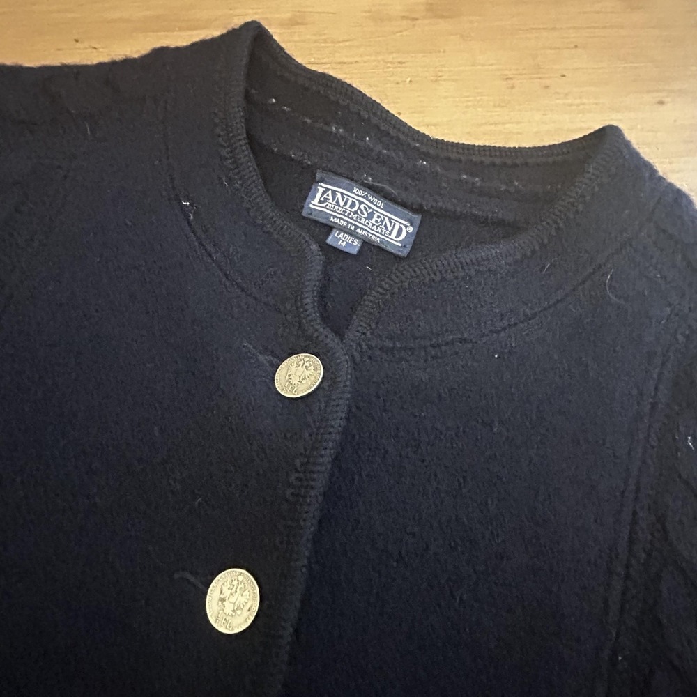 Lands End Sweater Womens 14 Navy Wool Austria Silver Crest Buttons Braided Knit